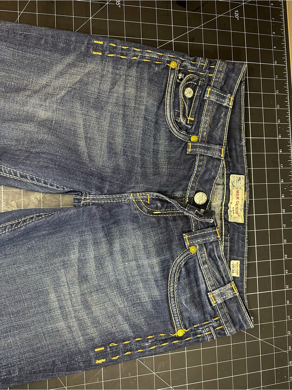 Women's Dark Blue Boot Cut Jeans with Yellow Stitching